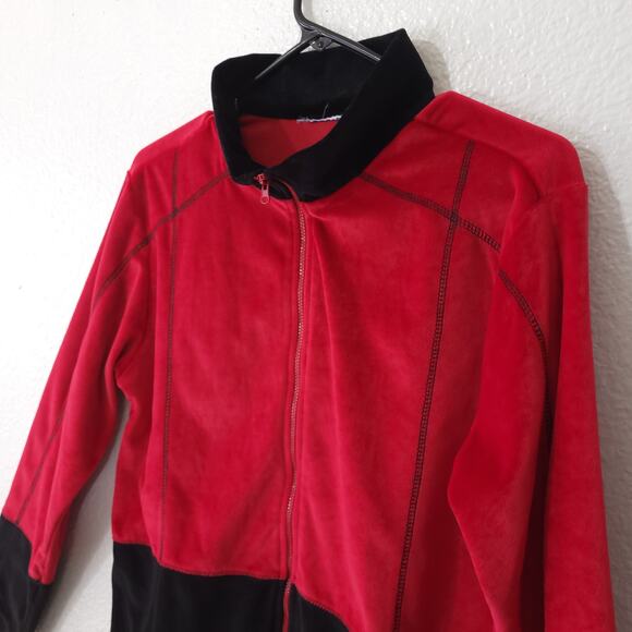 Velour Jacket Womens Size 10 Red and Black Colorblock Stretch Zipper Lon… - Picture 4 of 12